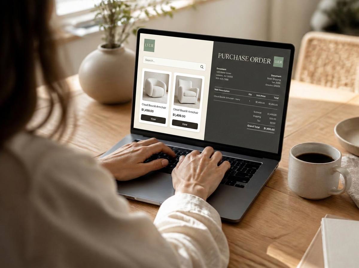 Designer searching the collective catalog from her laptop